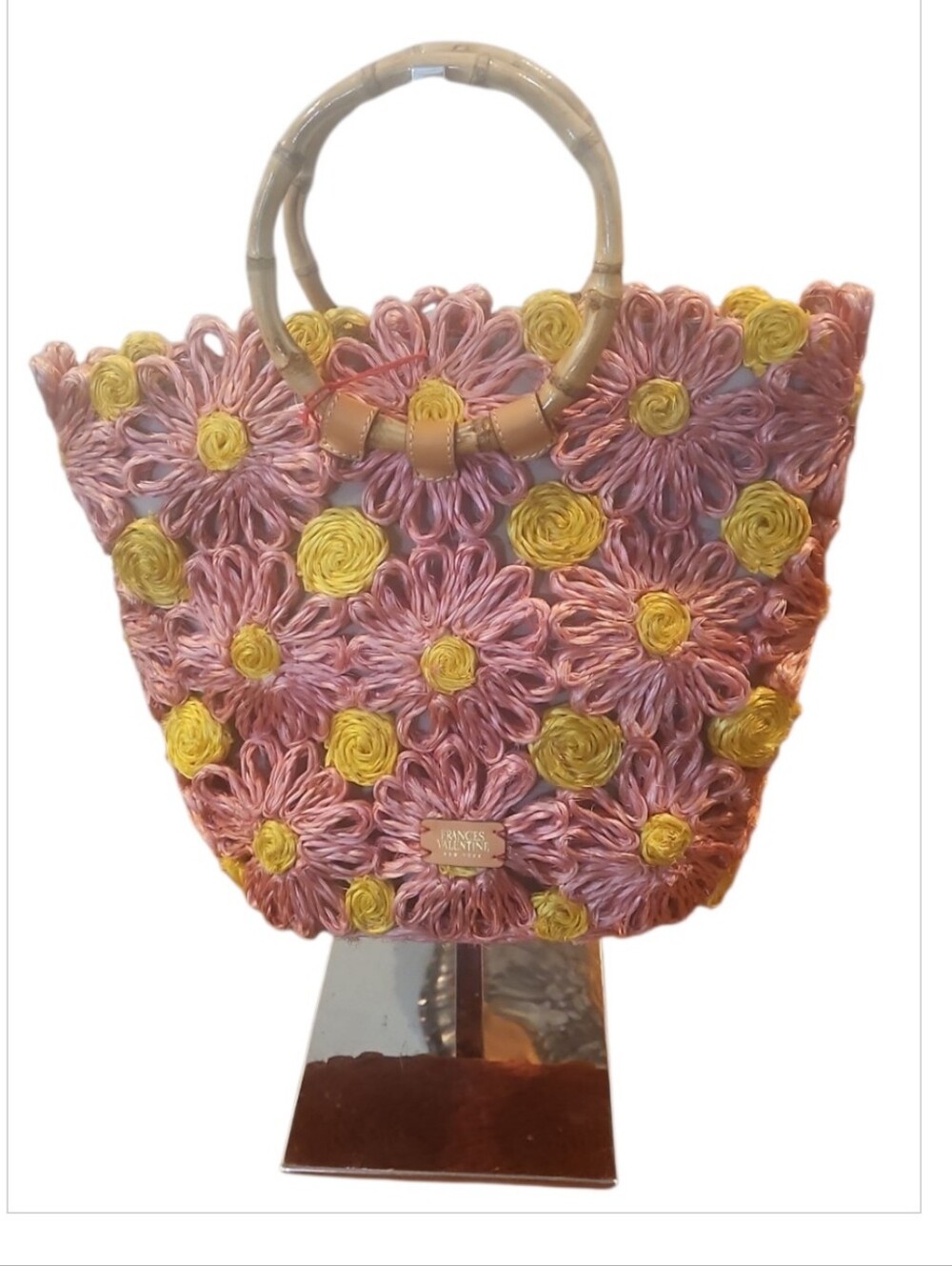Frances Valentine Flora Raffia Tote Bag Pink Yellow Bamboo Handle NWT - Picture 4 of 11